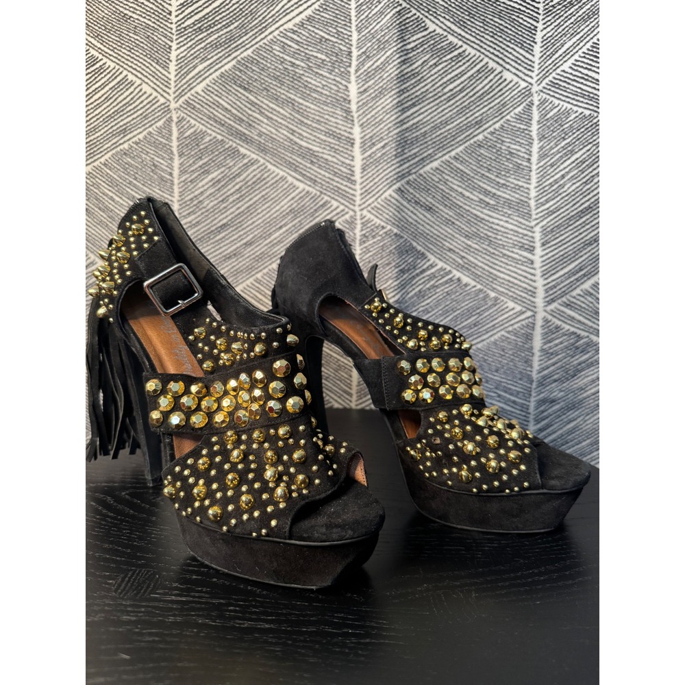 Jeffrey Campbell Studded Platform‎ Heels Black Fringe  Style Size 9